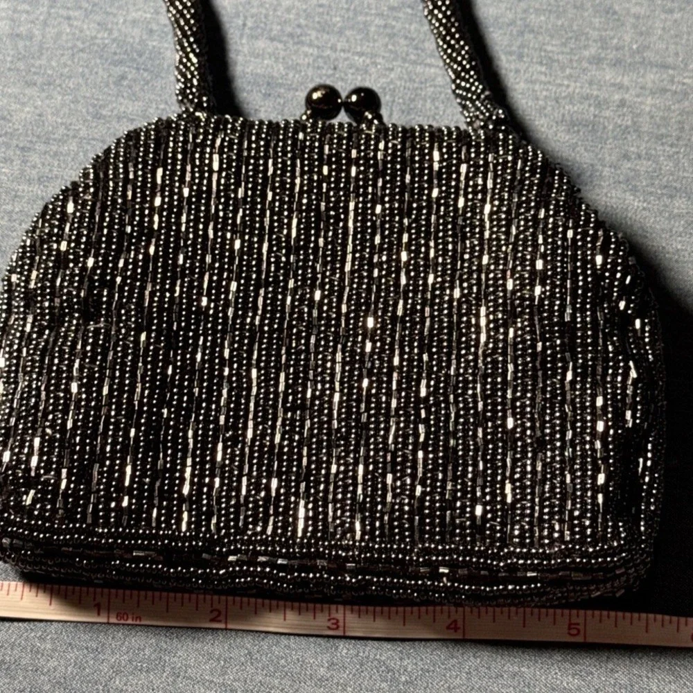 La Regale Black Beaded Evening Bag Vintage Kiss Lock Cocktail Purse Hand Beaded